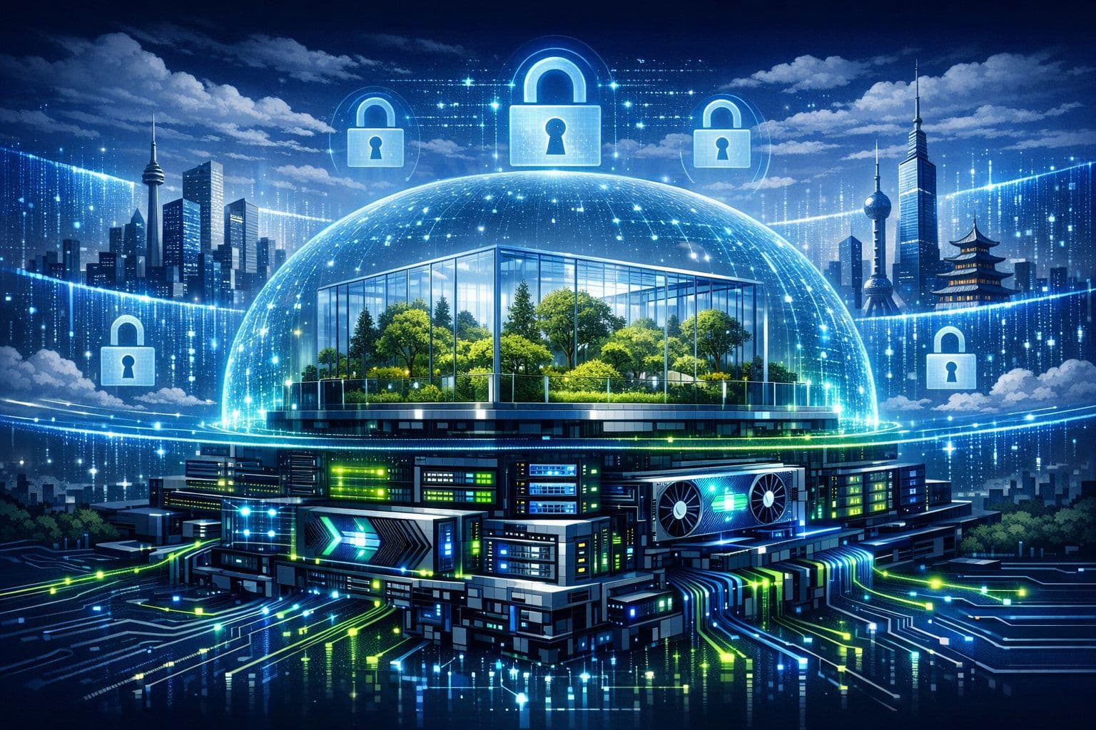 A digital fortress symbolizes the sovereign 'Walled Garden' approach to corporate AI in 2026.