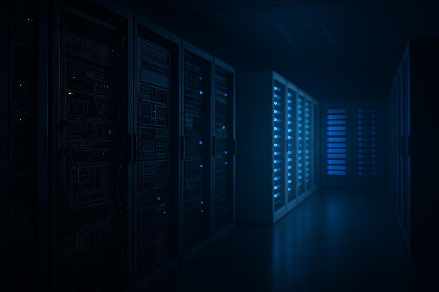 A digital photograph captures a server room transi