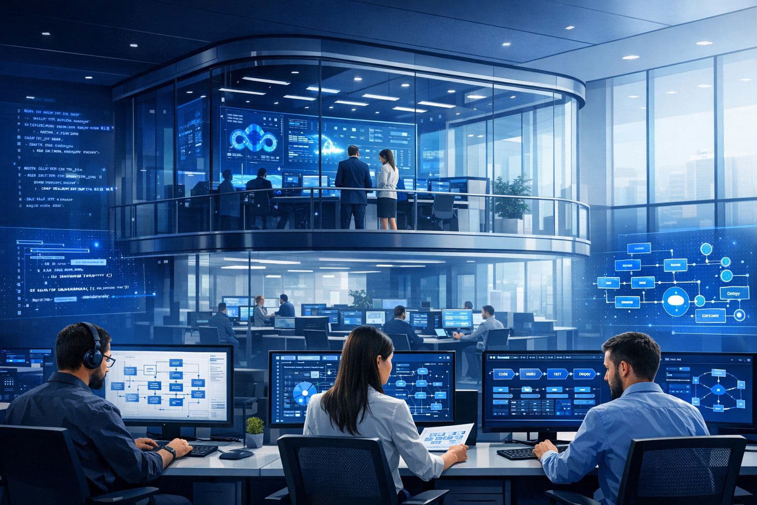 A modern workspace uniting human expertise and AI orchestration: the future of enterprise software engineering.