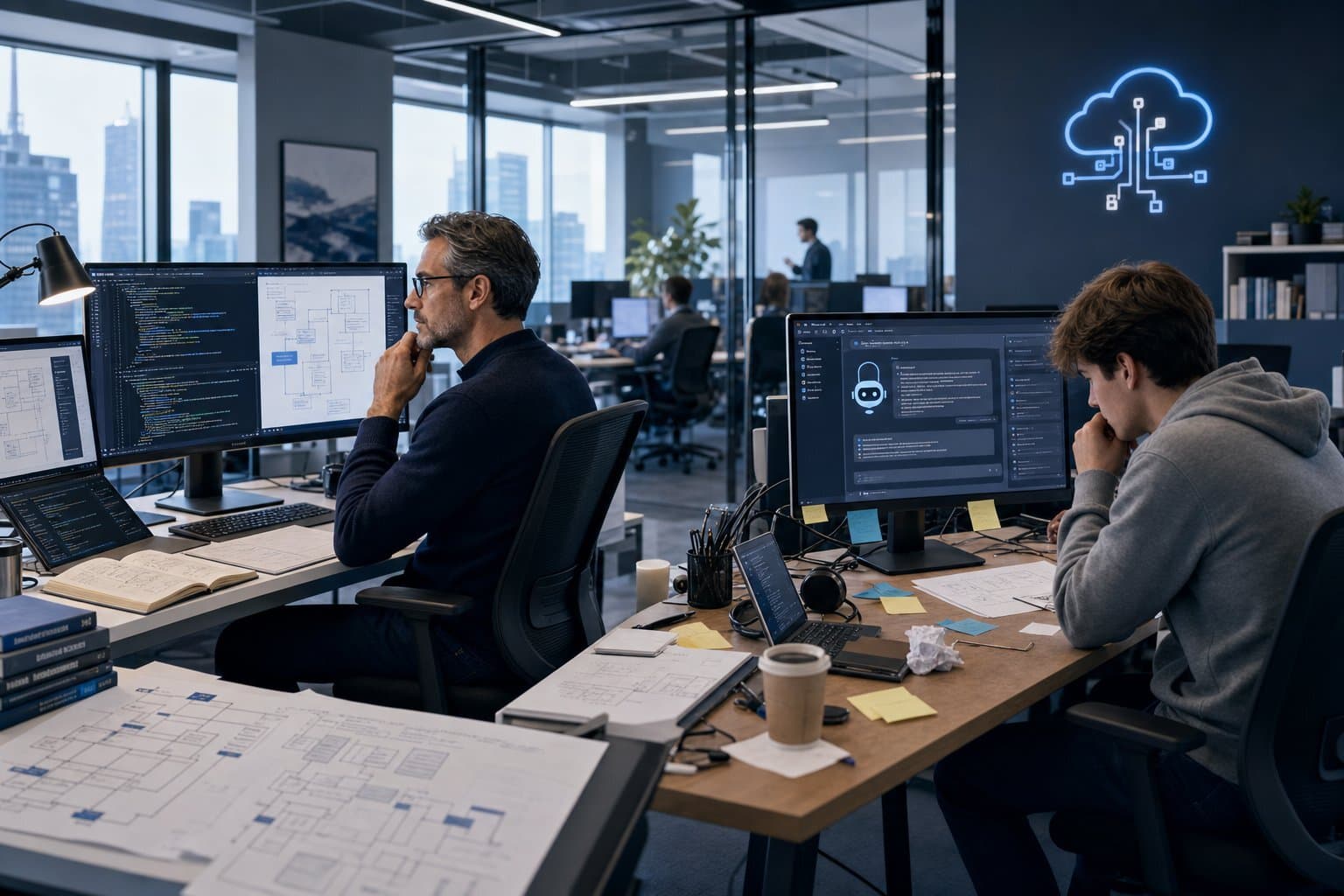 Modern office setting capturing the contrast between senior and junior developers leveraging AI productivity gains.