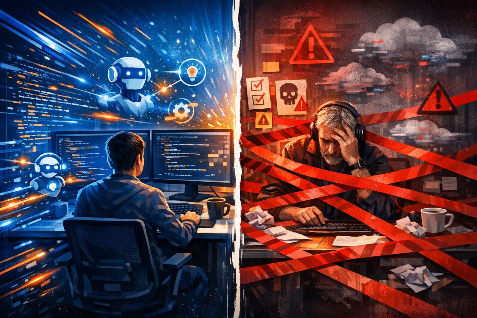 A conceptual split scene showing the dual impact of AI coding assistants: acceleration and friction.