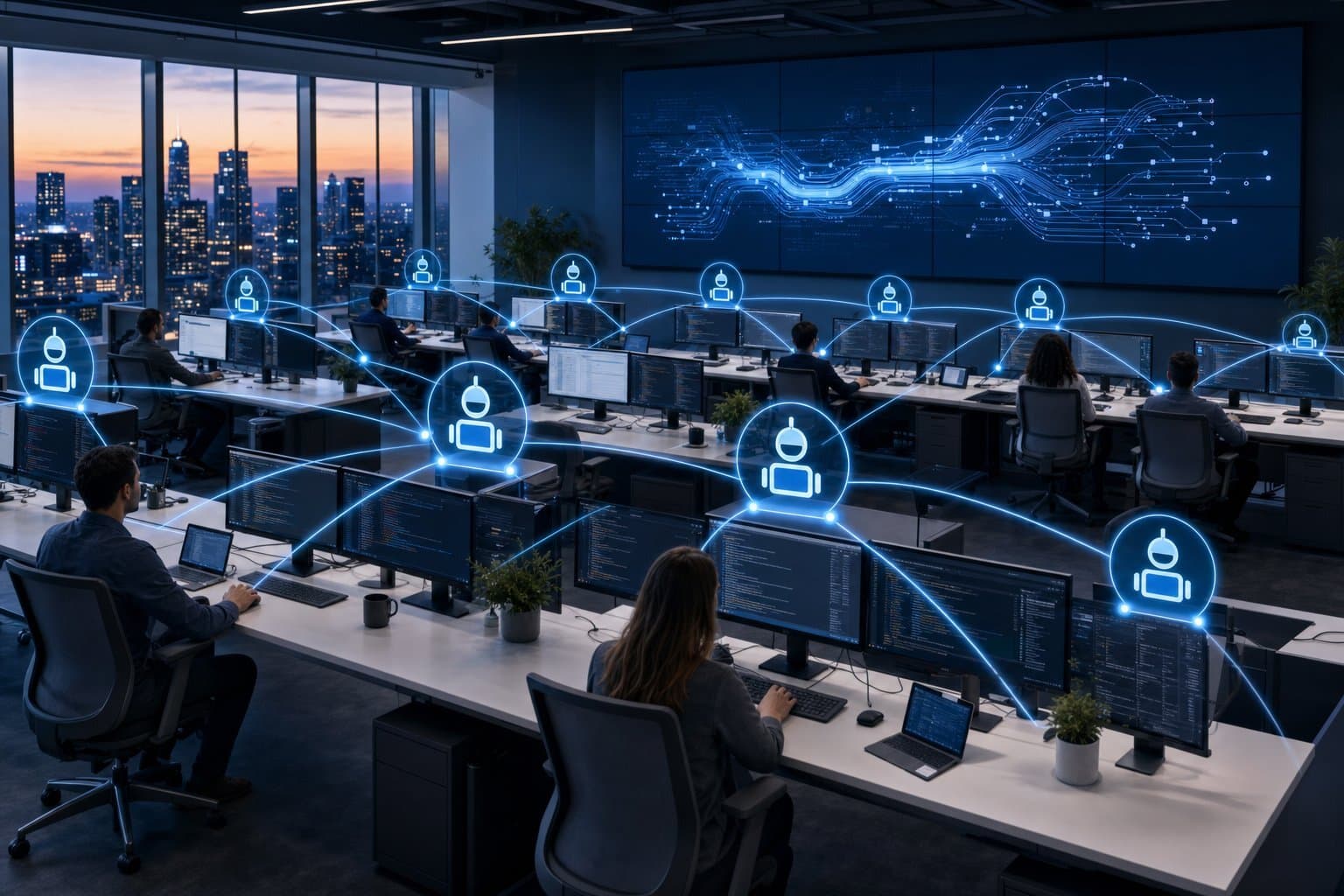 A modern enterprise workspace orchestrating a live multi-agent AI swarm, powered by models like Claude Opus 5.5.