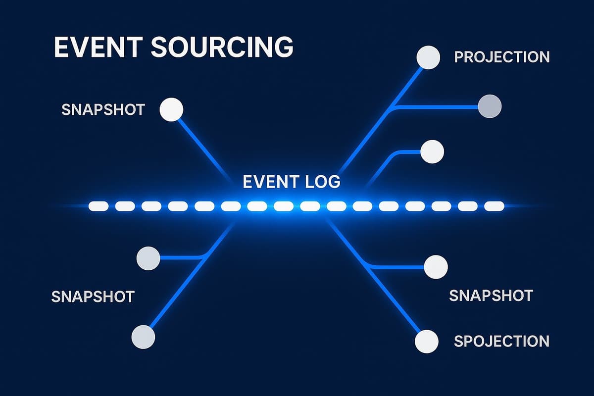 The flow of data in event sourcing: From immutable event log to evolving system state.