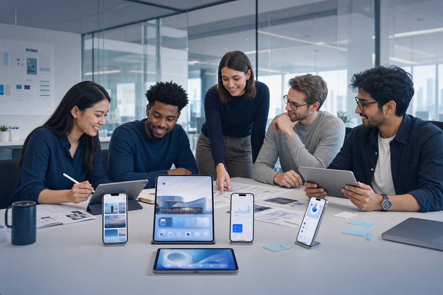 A modern office team reviews iOS apps styled with Apple's new Liquid Glass UI.