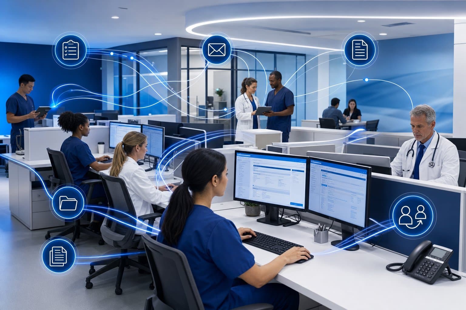 Modern clinical practice environment suggesting the complexity of documentation and workflow automation.