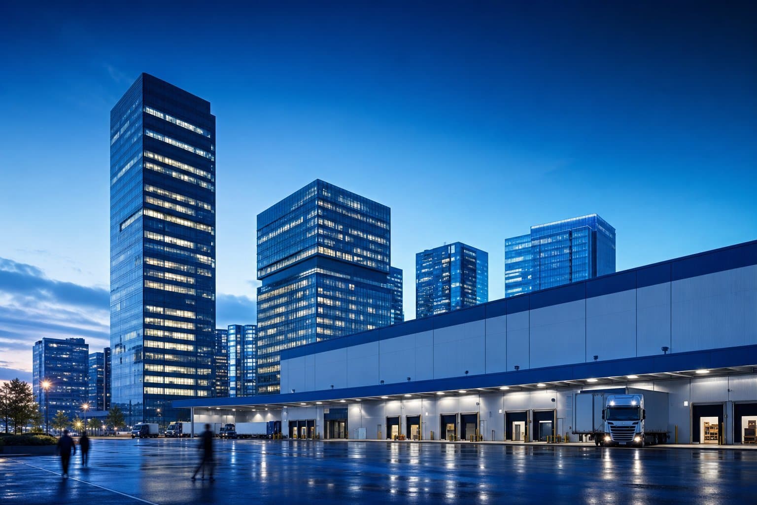 Modern, premium commercial office and logistics buildings, reflecting the sectors transformed by custom AI software in 2026.