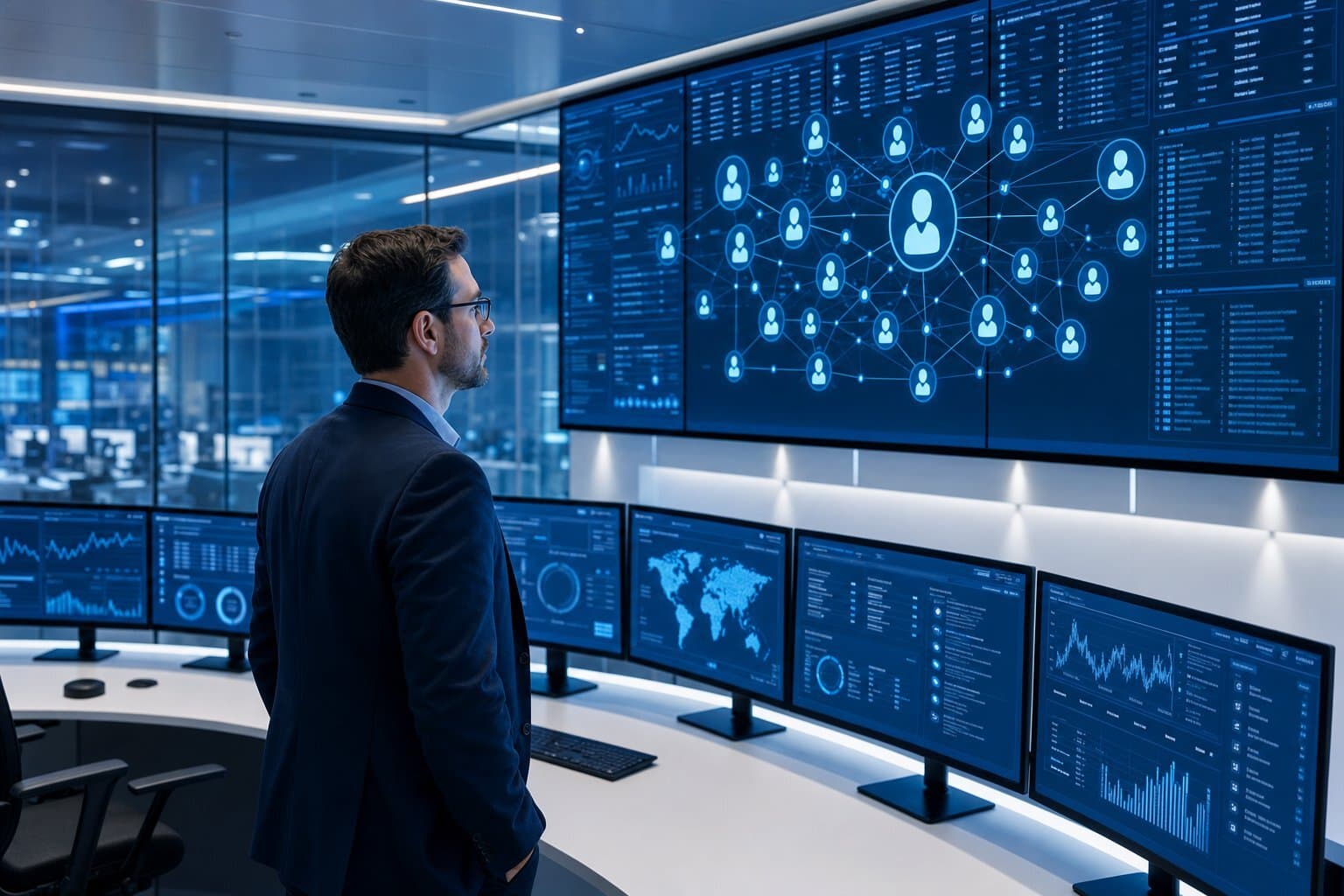 A CTO maintains oversight as autonomous AI agents operate within a secure enterprise environment.