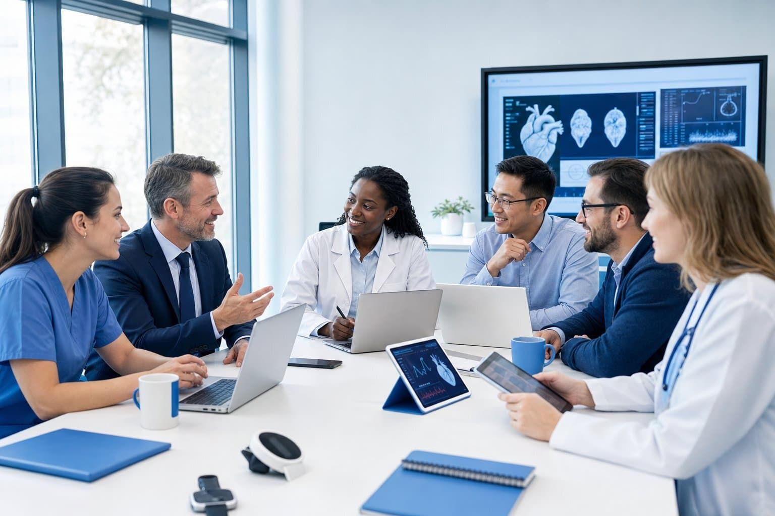 Leading healthtech development teams collaborating in a modern, tech-forward office space.