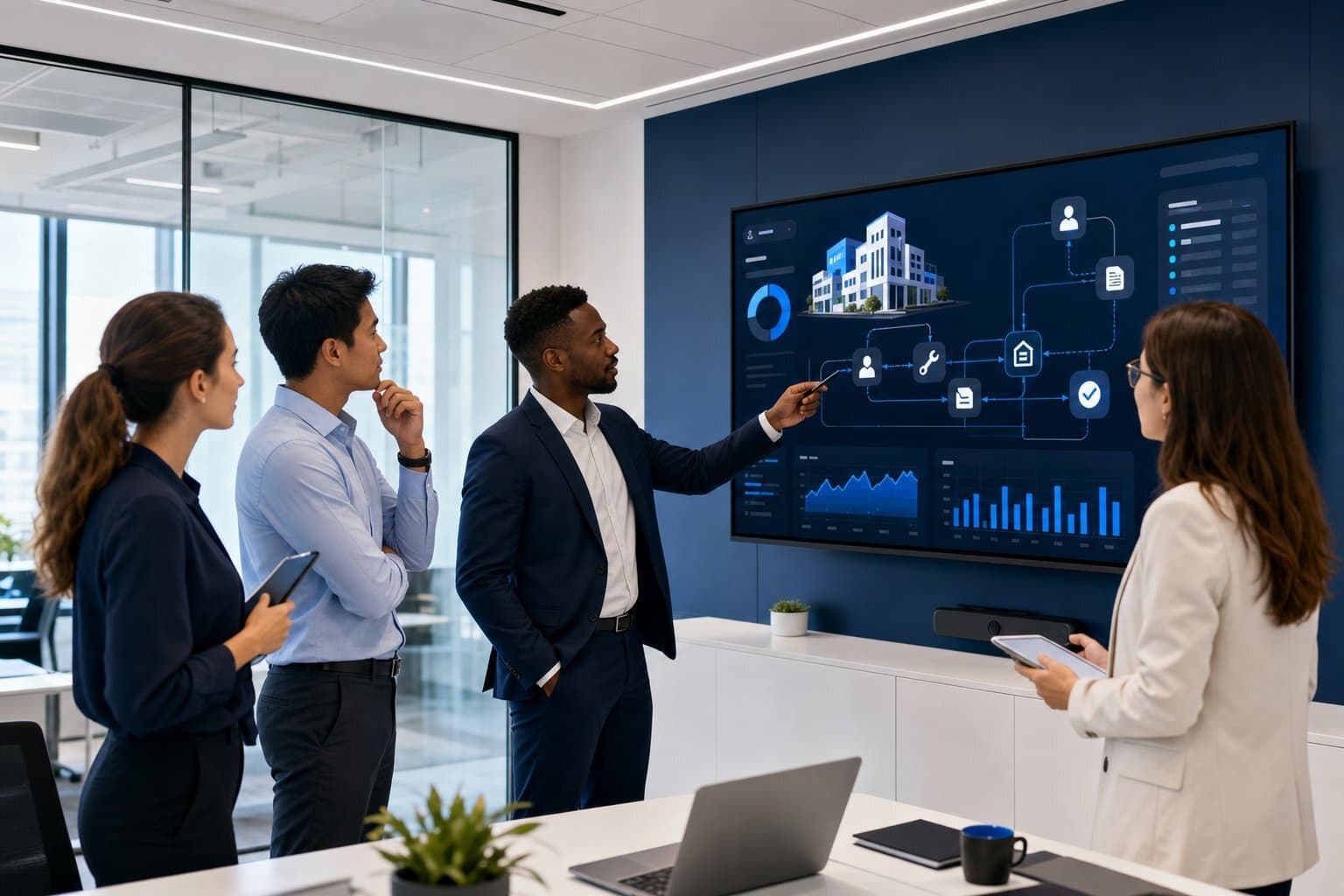 Bright modern office, property managers collaborating on advanced workflow tools.