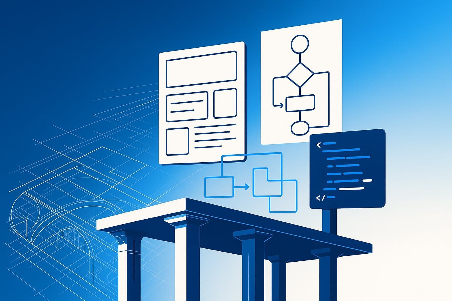 A strong architectural blueprint transforms into digital software planning, symbolizing the vital Discovery Phase.