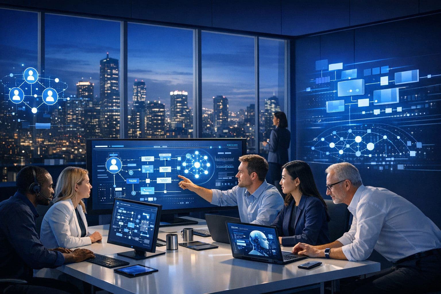 Modern professionals collaborating in an agentic engineering environment—velocity and governance harmonized.