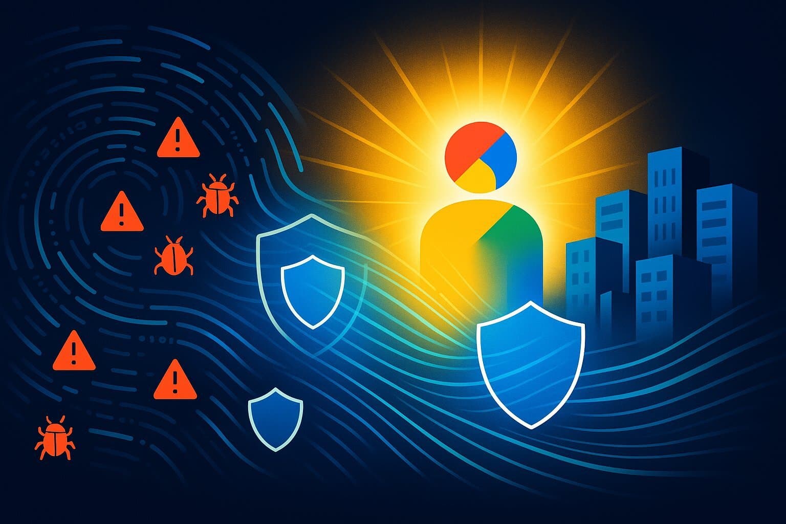 A striking visualization of autonomous AI standing guard over the software landscape.