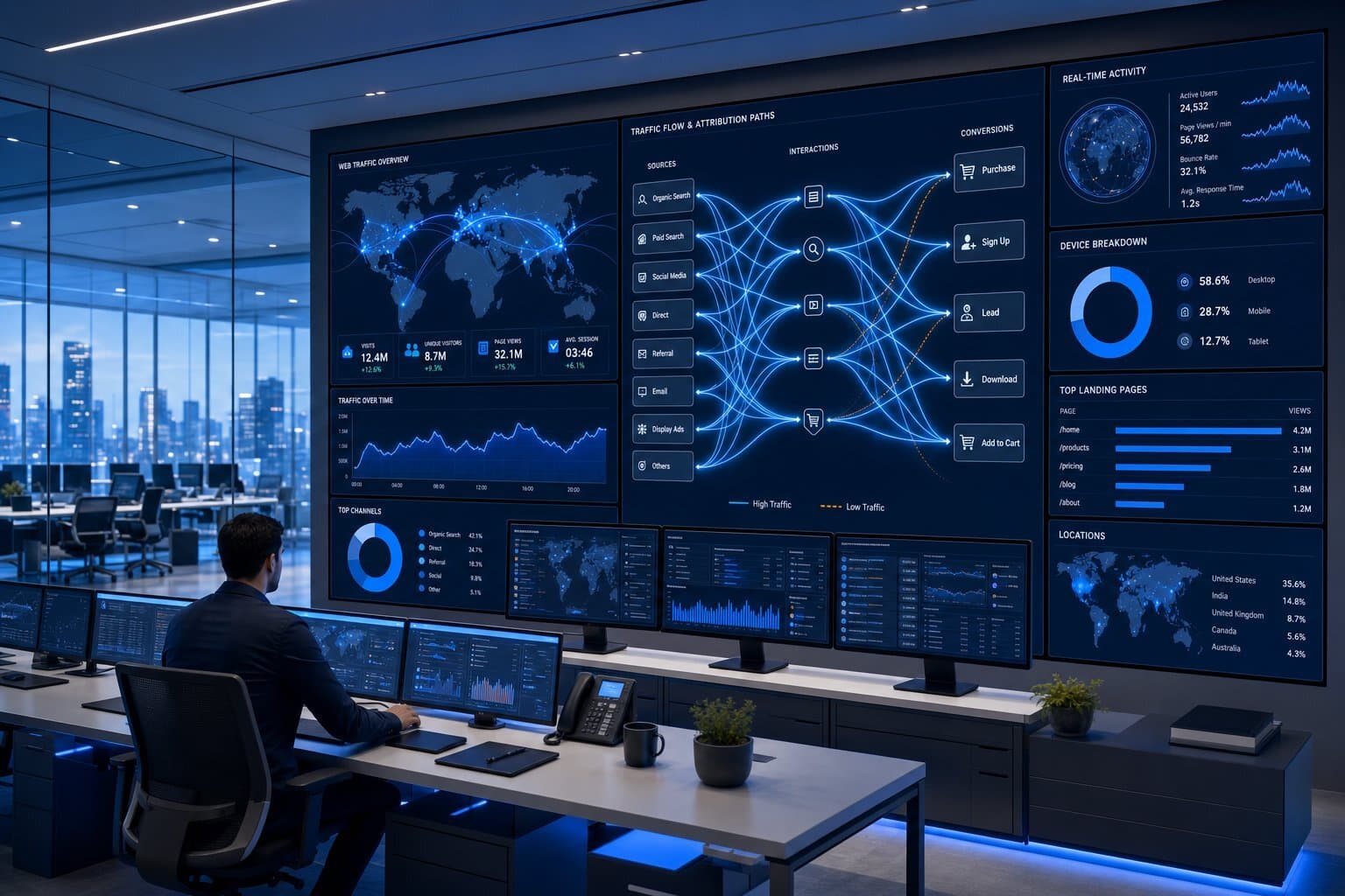 A modern IT control room visualizing complex website traffic patterns and attribution signals.