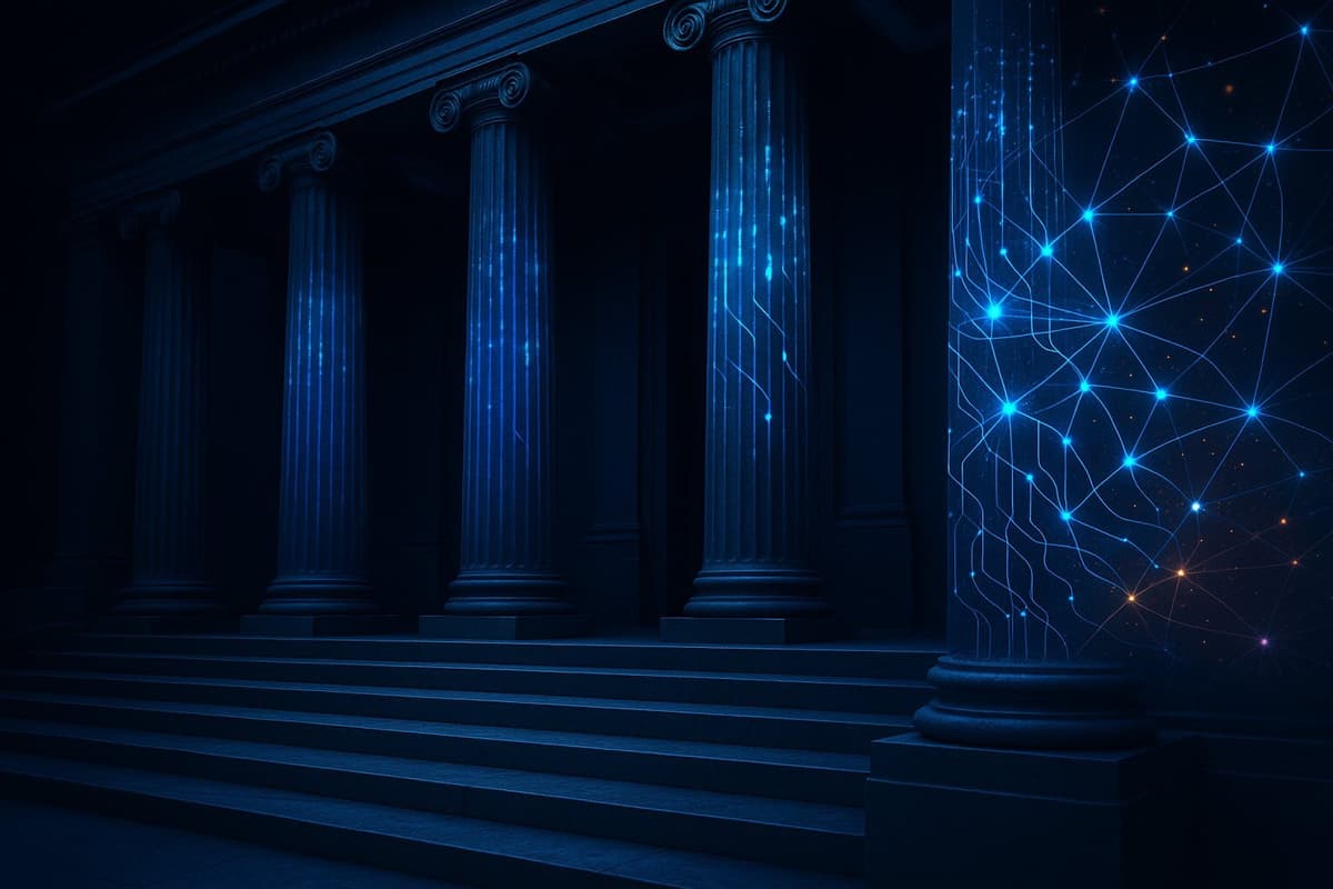A striking visual metaphor for the AI-driven transformation in law, combining classic and digital elements.