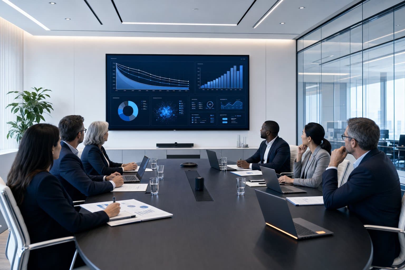 Finance leaders collaborate in a modern boardroom, analyzing the impact of AI-driven software renewals.