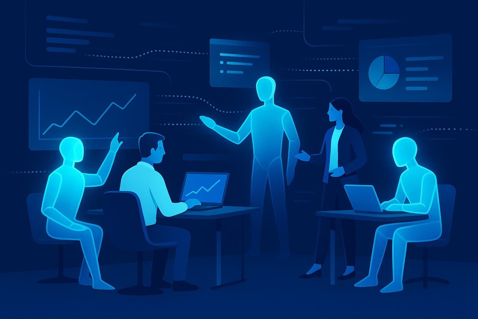 A visionary depiction of AI agents collaborating with humans and data in a seamless digital workspace.