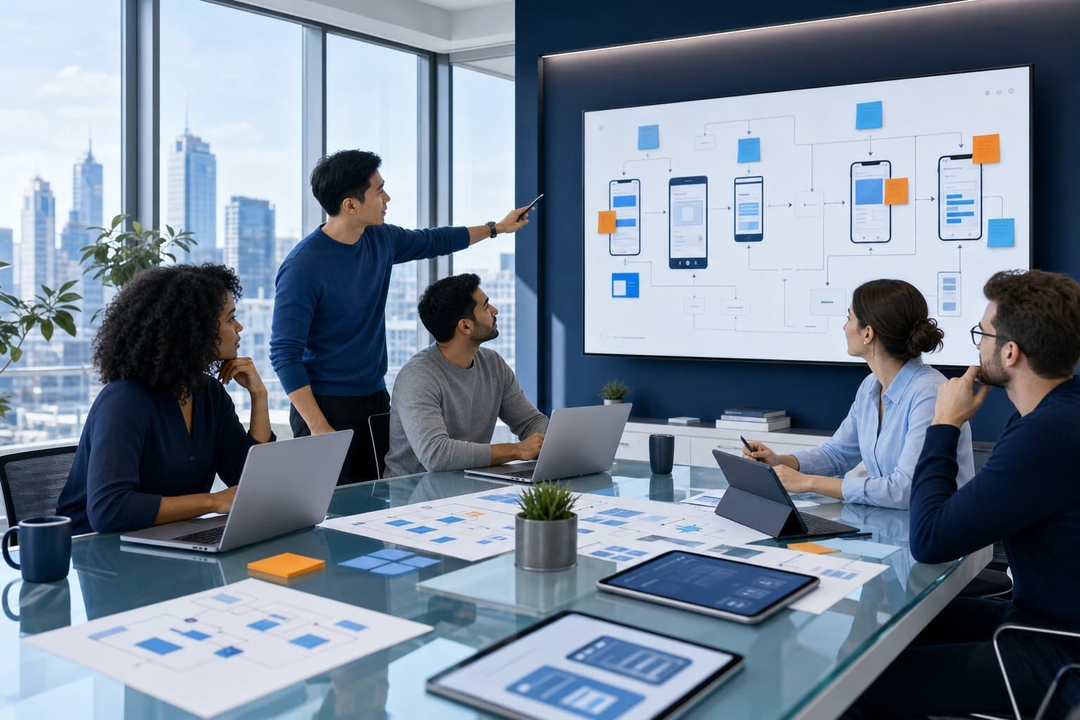 A UX-led discovery phase in action—modern teams aligning on validated user flows before development.
