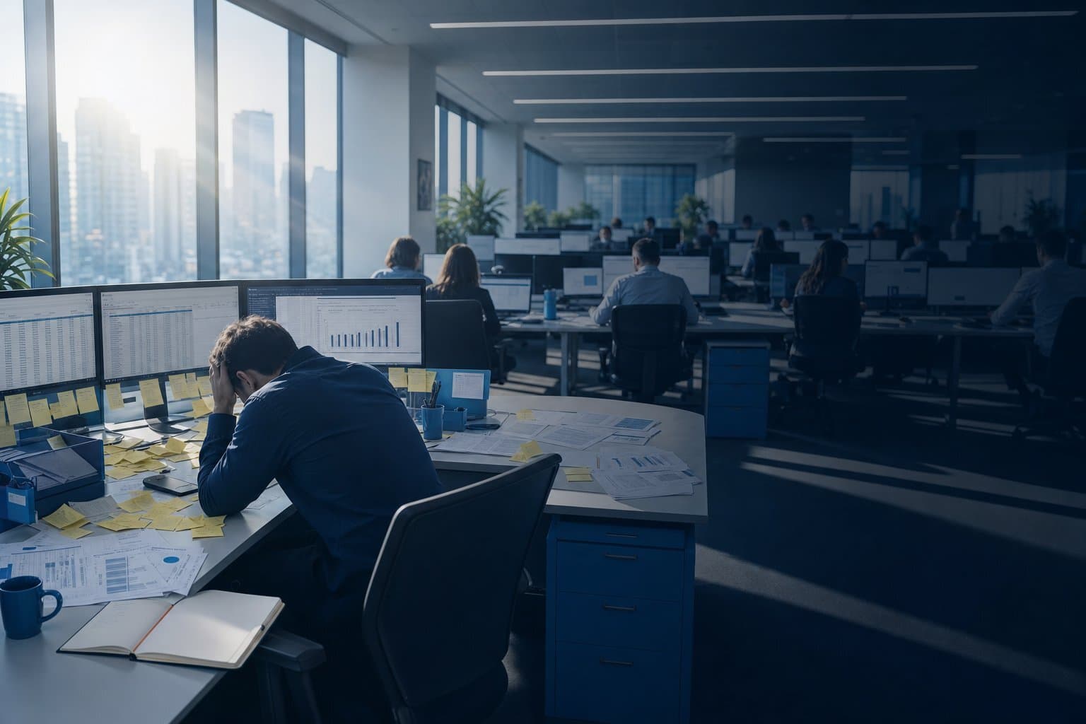 Modern office with digital shadows symbolizing unseen inefficiencies.