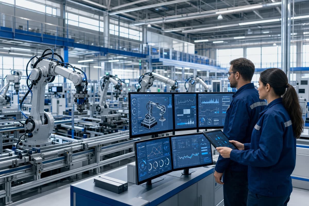 A modern, software-powered manufacturing floor showcasing robotics and real-time data integration.