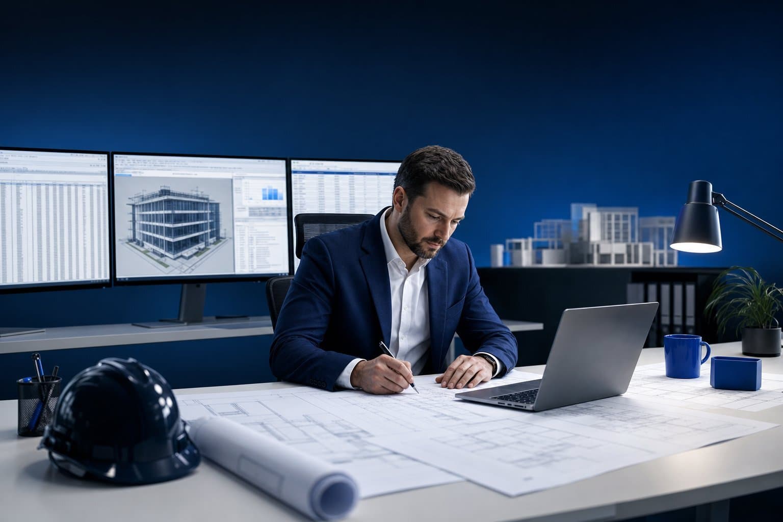A modern construction estimator balancing digital tools and traditional methods in a professional office.
