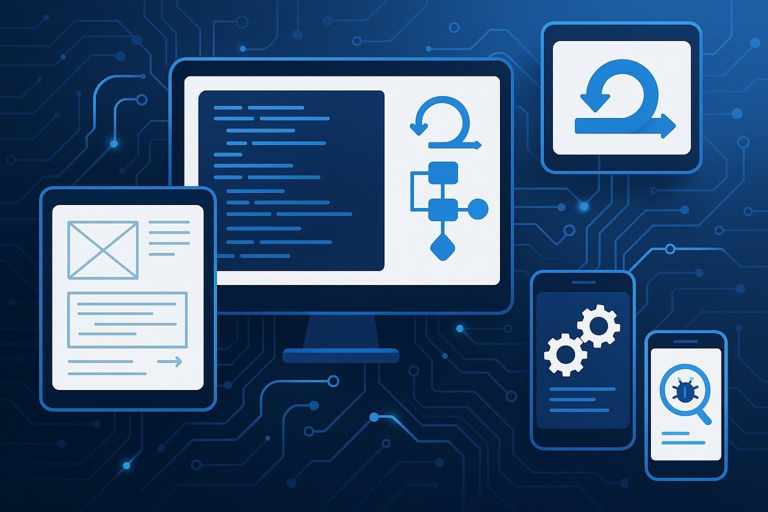 The interconnected ecosystem of modern software development, blending code, devices, and cloud infrastructure.