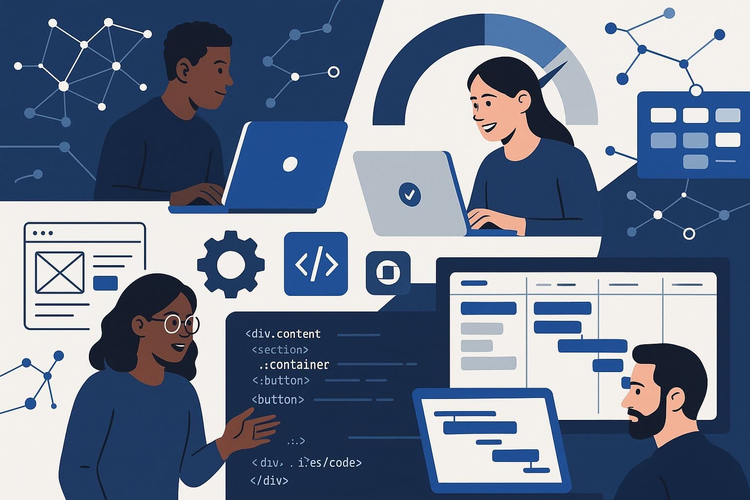 A visual representation of modern software project management, blending people, tools and process.