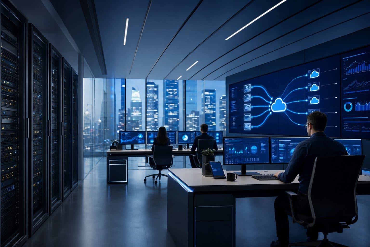 Legacy and modern systems bridging seamlessly in a professional mid-market operations center.