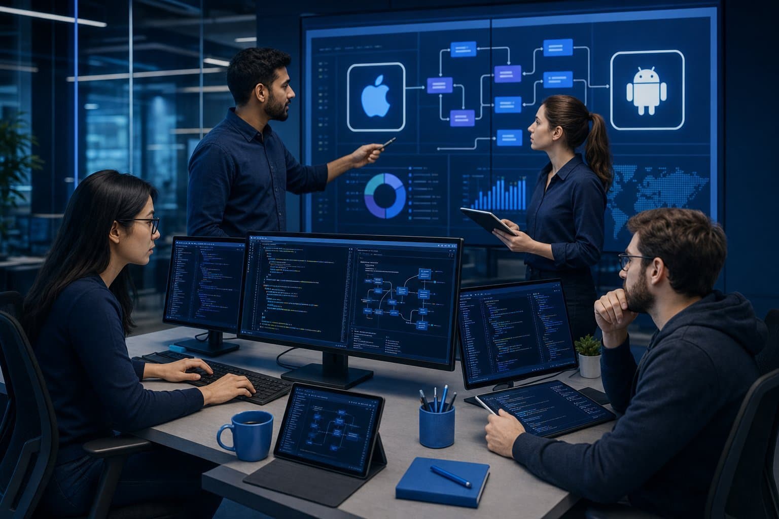Modern platform engineering team navigating OS transitions in a glass-walled workspace.