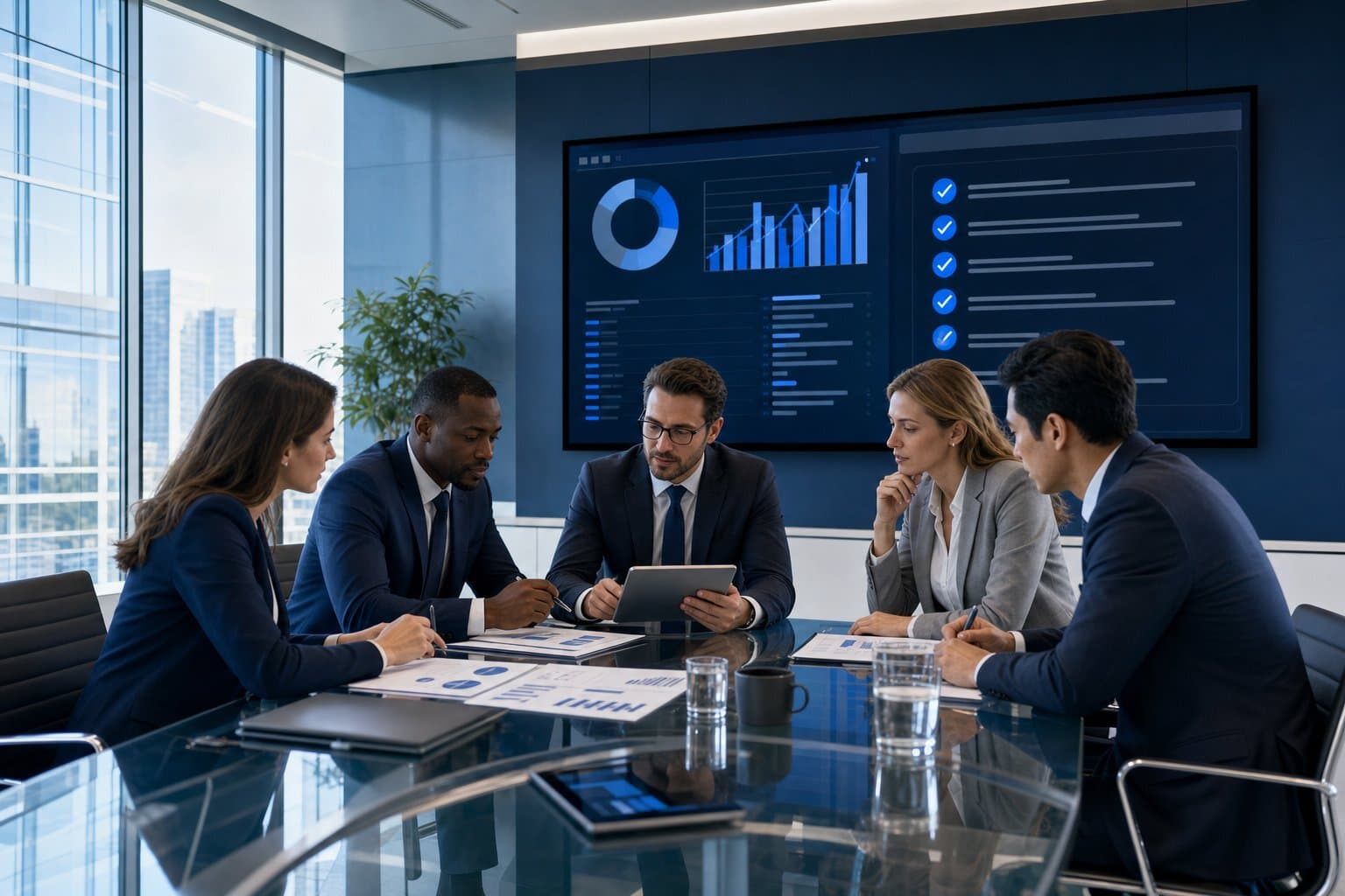 A modern enterprise team audits a vendor's business case with precision, embodying diligence and transparency.